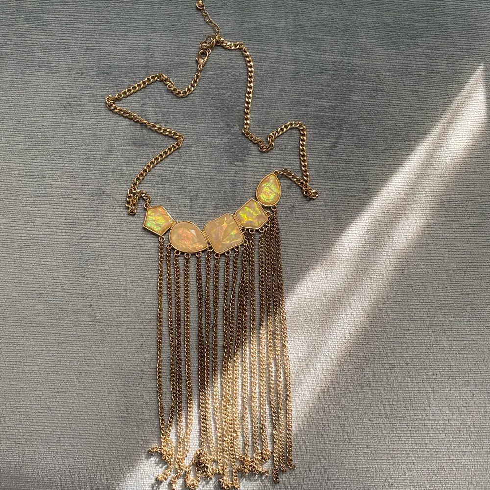 vintage necklace, Boho, pale yellow opal color statement necklace w/ tassle 19”